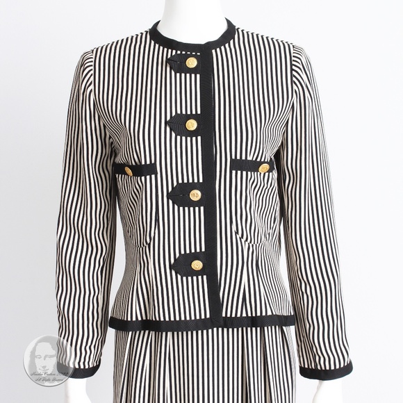 Albert Nipon Suit 2pc Jacket & Skirt Black White Striped Pinstripe Sz 10 Vintage - Picture 3 of 11